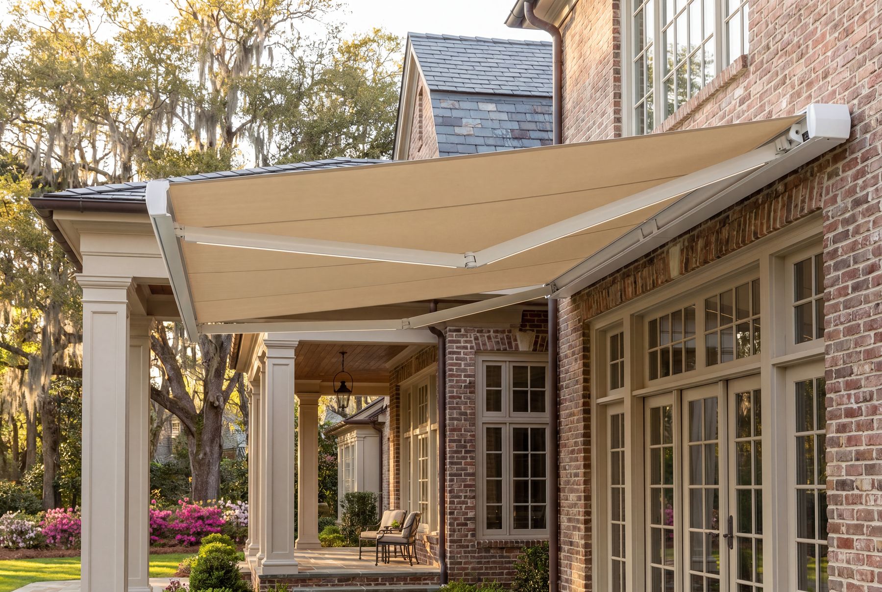 Sunpro retractable awning extended from a brick home